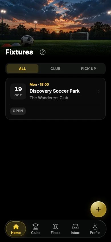 Home screen with the next fixture on one card