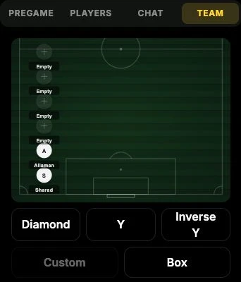 Team selection pitch with Diamond, Y and Box formations